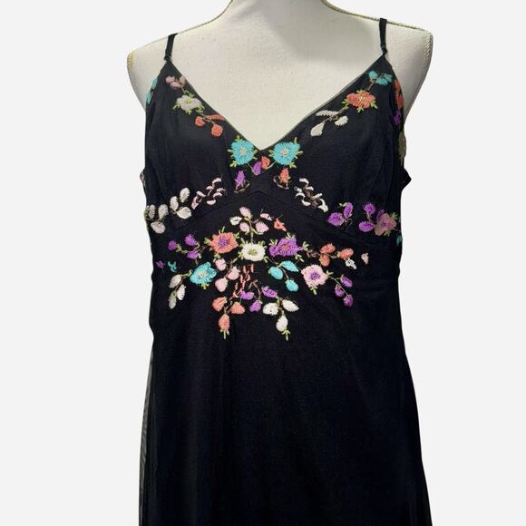 Mixit Y2K Black Embroidered Floral Beaded Hanky Hem Thin Strap Cocktail Dress 14 - Picture 2 of 10
